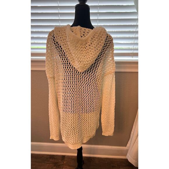 NWT Nicole Miller off white open knit crochet hooded tunic Cover Up. Poly. Sz L - Picture 3 of 11